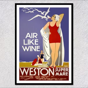 Póster de viaje vintage de Weston-super-Mare: impresión retro con aires de vino: arte de pared clásico costero británico