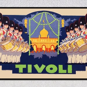 Póster de viaje de los jardines de Tivoli: impresión vintage de Dinamarca, arte retro de Copenhague, decoración escandinava clásica