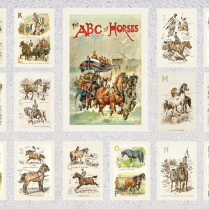 Juego de 15 postales con el alfabeto de caballos / Láminas artísticas educativas vintage del alfabeto / Reimpresión de decoración de pared para guardería