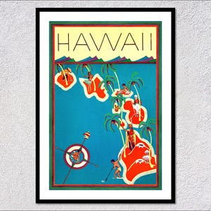 Impresión retro de viajes a Hawái, póster turístico vintage, arte de isla tropical, decoración de playa de mediados de siglo
