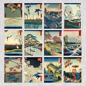 Conjunto de 12 postales japonesas Ukiyo-e / Reimpresiones de paisajes de Hiroshige / Paquete de arte tradicional