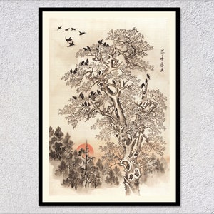 Flock of Crows at Dawn – Kawanabe Kyōsai Print – Japanese Ink Art – Vintage Ukiyo-e Bird Painting