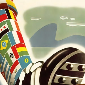 May include: Vintage poster for the 1950 FIFA World Cup, featuring a soccer player's foot adorned with flags kicking a brown soccer ball. Text in red and black reads "IV CAMPEON MUNDIAL FUTBOL".