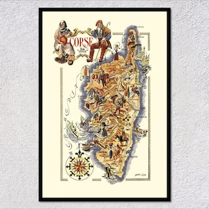 Corsica, Frankrijk kaartposter – geïllustreerde regionale kaart van Corsica – vintage Franse cartografie muurkunst