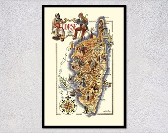 Poster de la carte de la Corse, France - Carte régionale illustrée de la Corse - Art mural vintage de cartographie française