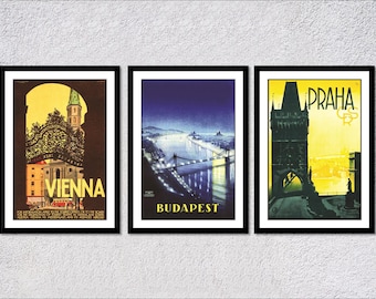 Set of 3 Europe Travel Posters | Central Europe Vintage Tourism