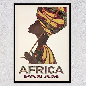 Póster de Pan Am a África, anuncio de aerolínea vintage, impresión de viajes retro, arte de aviación clásico, obra de arte de una mujer africana