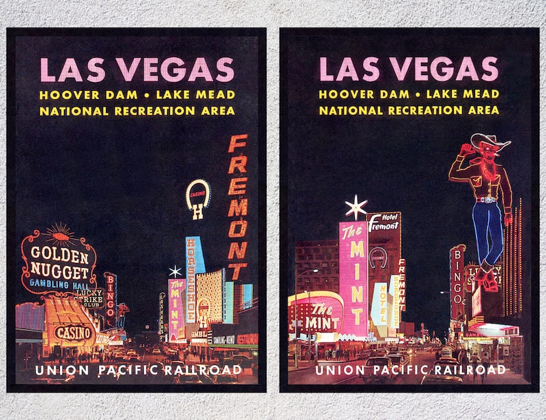Las Vegas Poster Nevada Print Set of 2 Travel Wall Art Las Vegas Vintage Travel Poster