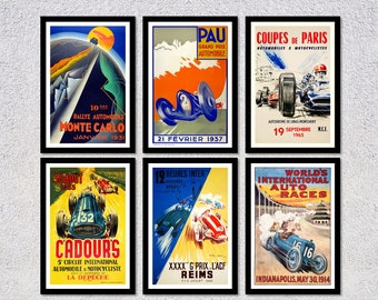 Set di poster di sport motoristici d'epoca / Stampe artistiche di corse restaurate