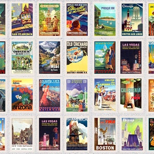 Set di 28 cartoline di viaggio restaurate degli Stati Uniti / Ristampe di poster di città d'epoca / Pacchetto Art Déco America