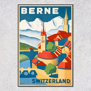 Póster de viaje vintage de Berna: impresión retro de Suiza: arte mural turístico y de los Alpes suizos clásicos