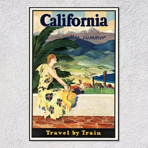 Póster de viaje en tren por California: impresión vintage de EE. UU. de alrededor de 1930: arte ferroviario retro, decoración de viajes clásica