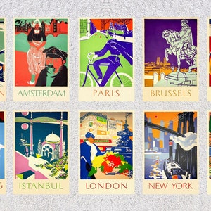 Conjunto de 10 cartões postais de viagem vintage | Pacote de reimpressão de pôsteres de cidades do mundo | Coleção de arte de turismo retrô