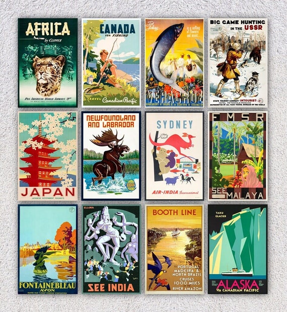 Set of 12 Vintage Travel Postcards Vintage Travel Ads 4 X 6 or 10 X 15 Cm 5  X 7 or 12.5 X 17.5 Cm 