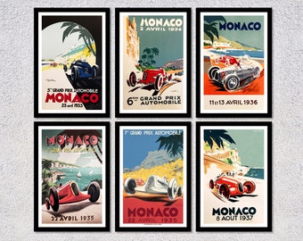 Poster di auto da rally di Monaco d'epoca / Set di 6 decorazioni murali retrò a tema corse automobilistiche.