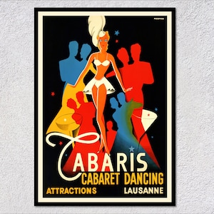 Cabaret Dancing Poster – Lausanne Tabaris Vintage Print – Retro French Burlesque Wall Decor