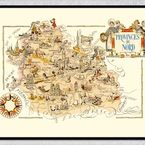 Province du Nord Map – Illustrated Regional Map of Northern France – Vintage Cartography Wall Art