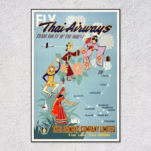 Poster vintage de voyage en Thaïlande - Impression rétro Asie du Sud-Est - Art touristique classique - Décoration murale exotique