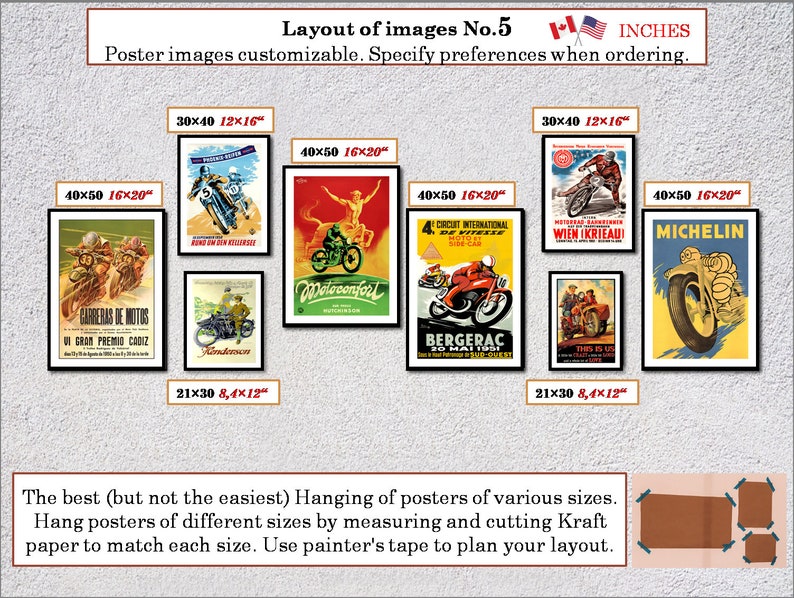 Puede incluir: Una gu&iacute;a de dise&ntilde;o para colgar carteles de varios tama&ntilde;os. La gu&iacute;a muestra diferentes tama&ntilde;os de carteles en pulgadas, incluyendo 40x50, 30x40 y 21x30. La gu&iacute;a tambi&eacute;n incluye un consejo para usar cinta de pintor para planificar el dise&ntilde;o.