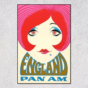 affiche vintage de la Pan Am Angleterre – impression rétro Mod Girl – art classique du voyage des compagnies aériennes – décoration aviation des années 1960
