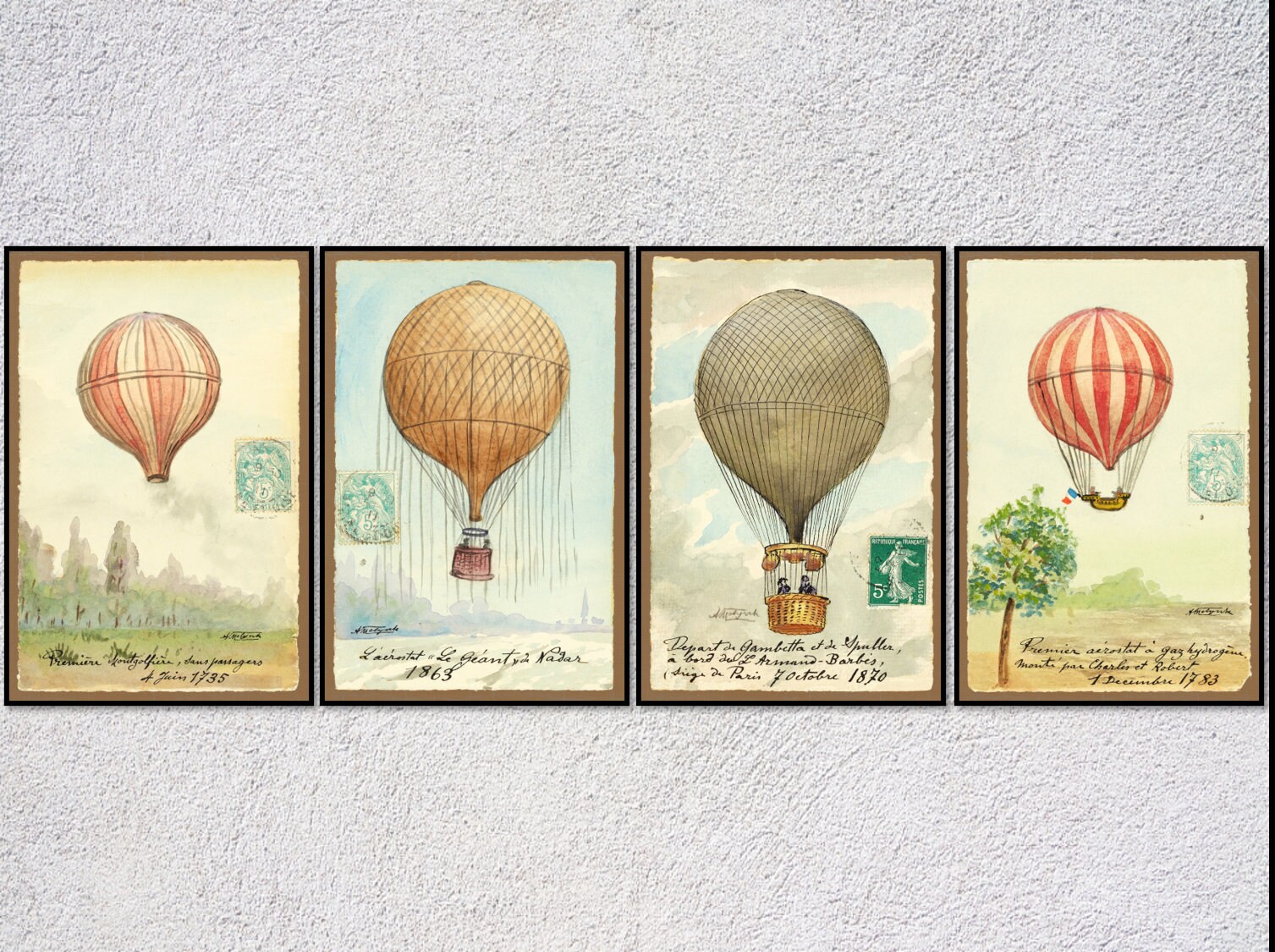 Vintage Hot Air Balloon Poster | Retro air travel aviation print | Set of 4 Pictures