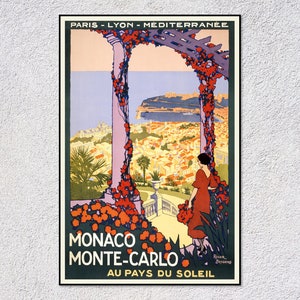 Poster di viaggio Monaco Monte Carlo – Stampa vintage della Costa Azzurra – Arte turistica retrò – Decorazione murale classica