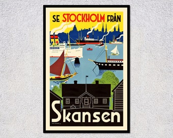 Skansen Stockholm Travel Poster | Vintage Scandinavian Harbor Art