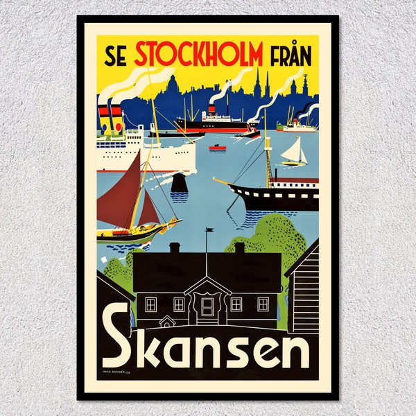 Skansen Stockholm Travel Poster | Vintage Scandinavian Harbor Art