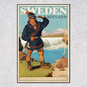 Póster de viaje vintage de Suecia: impresión publicitaria y de carreras: arte retro de Laponia finlandesa: decoración nórdica