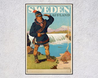 affiche de voyage vintage en Suède | Affiches et publicités de course | Impression de voyage rétro Laponie, Finlande