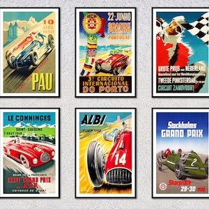 Reproducciones de carteles de carreras de autos antiguos / Láminas artísticas de carreras europeas de las décadas de 1940 y 1950 / Conjunto de deportes de motor