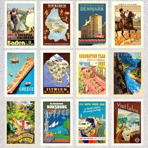 Set di 12 cartoline turistiche restaurate / Pacchetto di ristampe di poster di viaggio vintage in Europa / Pubblicità retrò degli anni '30