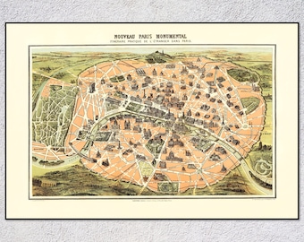フランス、パリのアンティーク地図（1878年）｜ヴィンテージウォール