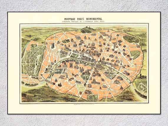 フランス、パリのアンティーク地図（1878年）｜ヴィンテージウォール