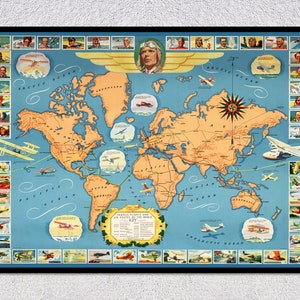 Famous Flights and Air Routes | Vintage World Aviation Map  | Aviation posters