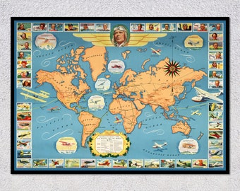 1937年航空地図。アメリカ航空路線図。歴史的版画、リトグラフ額装。88