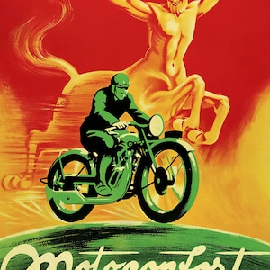 Puede incluir: Un cartel vintage que anuncia una motocicleta con una motocicleta verde y un conductor con un traje verde. La motocicleta pasa a toda velocidad junto a un centauro amarillo y rojo.