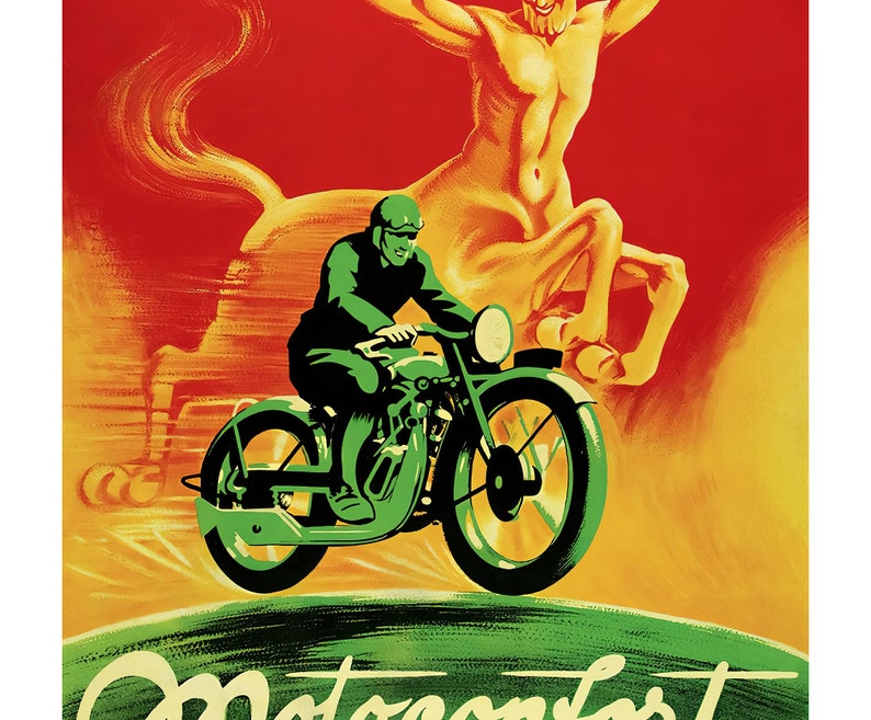 Puede incluir: Un cartel vintage que anuncia una motocicleta con una motocicleta verde y un conductor con un traje verde. La motocicleta pasa a toda velocidad junto a un centauro amarillo y rojo.