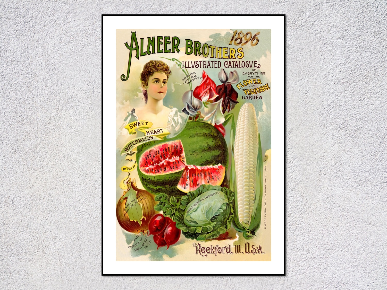1896 Garden Poster | Woman with Watermelon & Sweet Peas | Vintage Farm Kitchen Wall Art Print