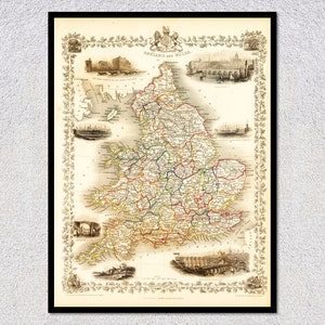 Kaart van Engeland en Wales (1851) – print in vintagestijl met racegezichten – historische muurkunst