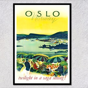Norvège, affiche de voyage vintage d'Oslo, impression scandinave rétro, oeuvre d'art murale nordique classique, décoration Mid-Century