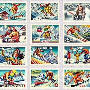 Set di riproduzioni di cartoline di località sciistiche / Pacchetto da viaggio con cime innevate d'epoca / Pacchetto di poster invernali