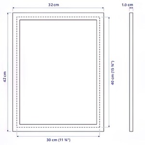 May include: Rectangular frame with dimensions labeled in centimeters and inches. The frame is 32 cm wide, 42 cm high, and 1 cm thick. The inner frame dimensions are 30 cm by 40 cm (15 3/4 inches).