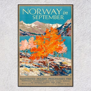 Póster de viaje vintage de Noruega, impresión escandinava retro, arte de pared nórdico, decoración de mediados de siglo, obra de arte turística clásica