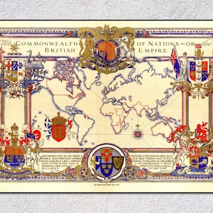 Mapa antiguo del Imperio Británico de 1937: recuerdo de la coronación del rey Jorge VI: arte mural histórico