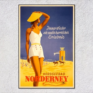 Póster de viaje vintage de Nordseebad Norderney: impresión retro de Alemania: arte mural clásico de turismo y costa
