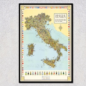Mappe illustrate delle regioni italiane (1956) – Poster illustrato della mappa dell'Italia – Arte murale d'epoca
