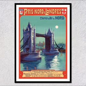 Póster de viaje vintage de París a Londres: impresión turística retro: decoración artística clásica de trenes y aerolíneas europeas