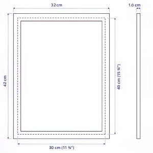 May include: Rectangular frame with dimensions labeled in centimeters and inches. The frame is 32 cm wide, 42 cm high, and 1 cm thick. The inner frame dimensions are 30 cm by 40 cm (15 3/4 inches).