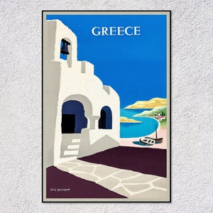 Póster de viaje a Grecia vintage, impresión turística griega retro, arte mediterráneo clásico, decoración de pared escénica